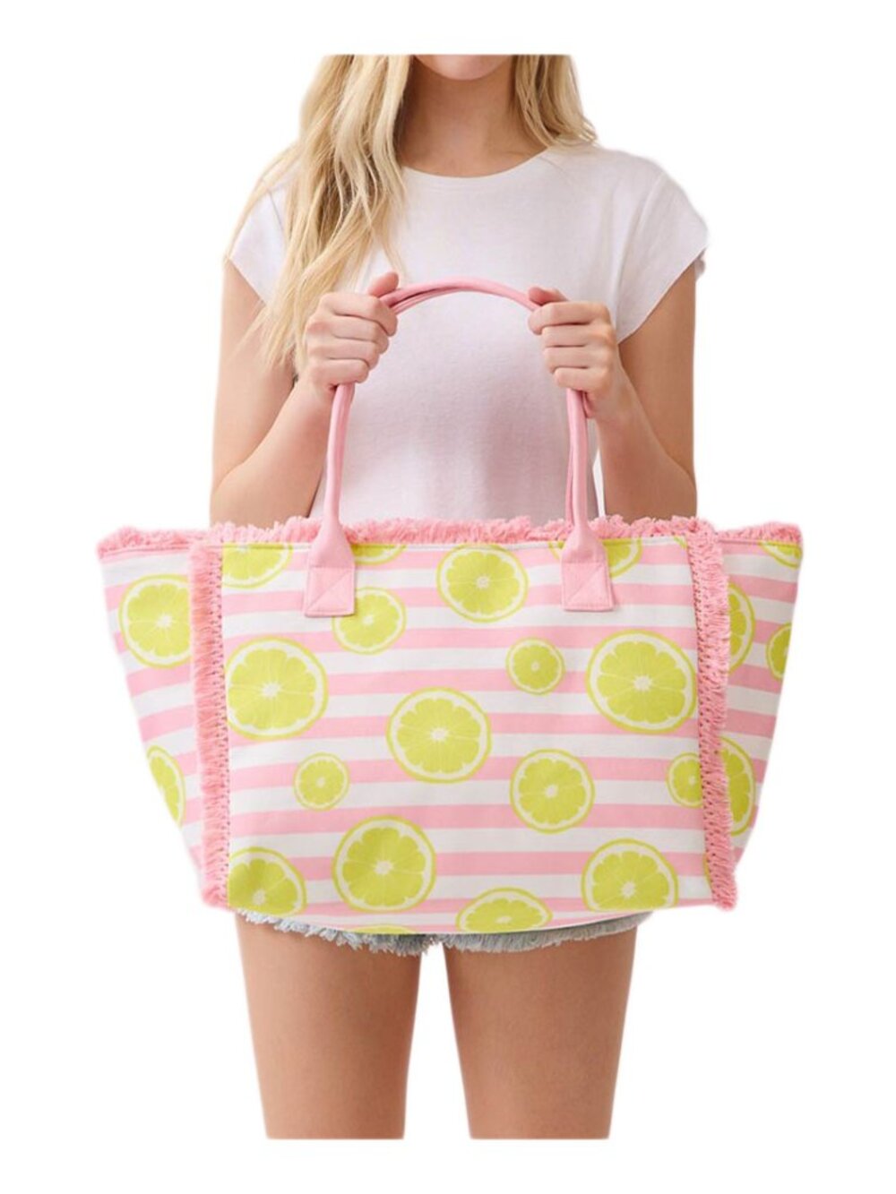 Tigerstars Lemon Pattern Stripe Fringe Trim Shoulder Tote Bag